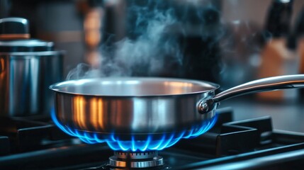 Stainless Steel Frying Pan on Gas Stove with