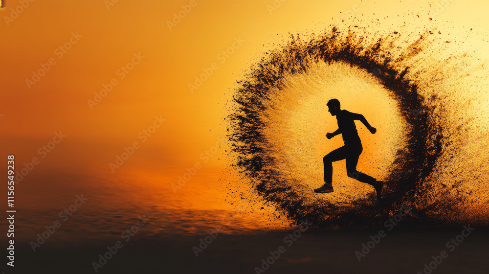 Poster runner of the particles. the man runs and the wind out of him pulling out pieces in the shape of a c