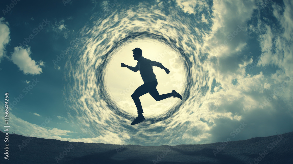 Poster runner of the particles. the man runs and the wind out of him pulling out pieces in the shape of a c