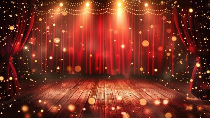 A stage with red curtains and warm lighting, ideal for performances and events.