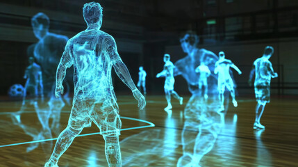 Hologram Futsal. Holographic projection of Futsal. Flickering energy flux of particles. The scientific design of the sport.