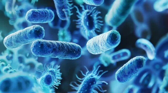 Vibrant blue rod-shaped bacteria branches, illustrating the intricate details of micro bacterial life