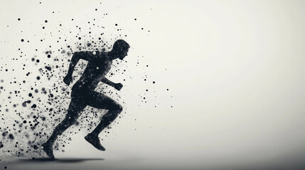 Runner of the particles. A man runs and wind from him to break away pieces. Runner consists of circles and points.