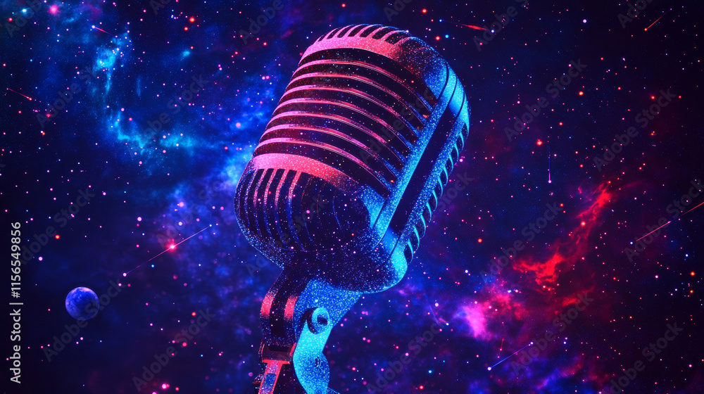 Poster abstract image of a microphone in the form of a starry sky or space, consisting of points, lines, an