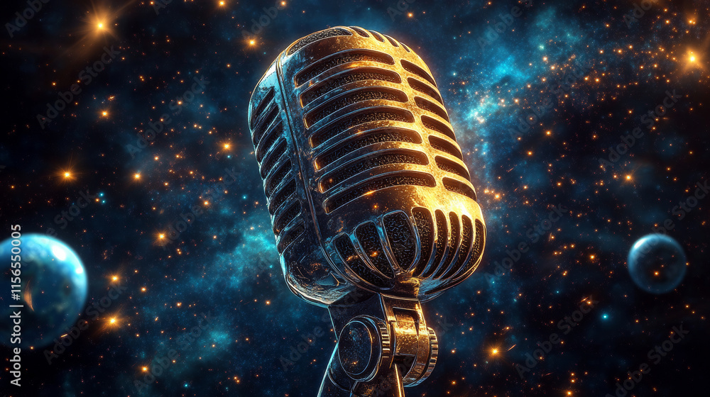 Poster abstract image of a microphone in the form of a starry sky or space, consisting of points, lines, an