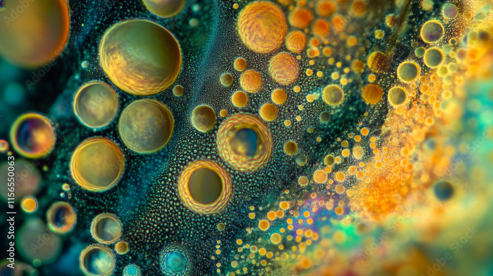 Poster the microscope of the particles. the microscope consists of small circles and dots.