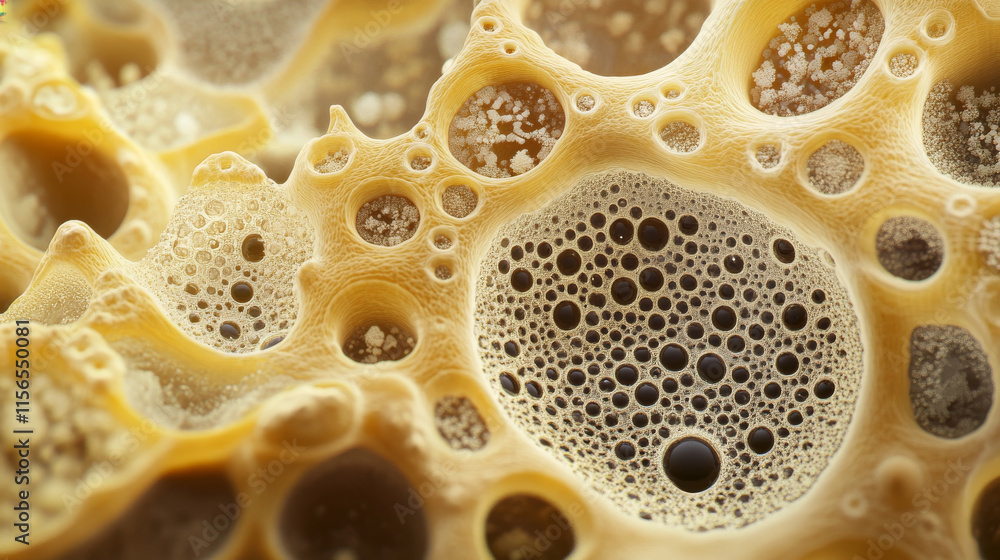 Poster the microscope of the particles. the microscope consists of small circles and dots.