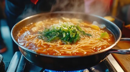 Delicious Ramen Noodles with Fresh Vegetables and Steam Rising Up