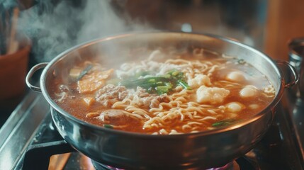 Steam Rising from Delicious Noodle Soup in Cooking Pot