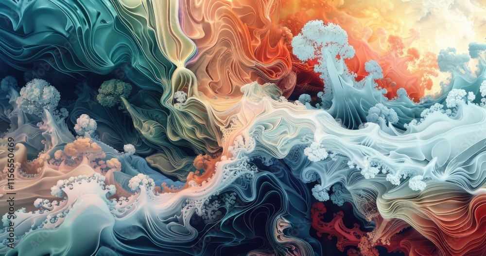 Poster abstract swirling patterns in vibrant colors, evoking fluid motion and dynamic energy.