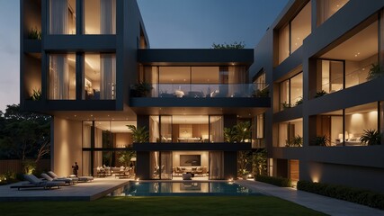 Obraz premium A luxurious golden-lit hotel building glowing at night, representing opulence, modern design, and sophistication in architecture.