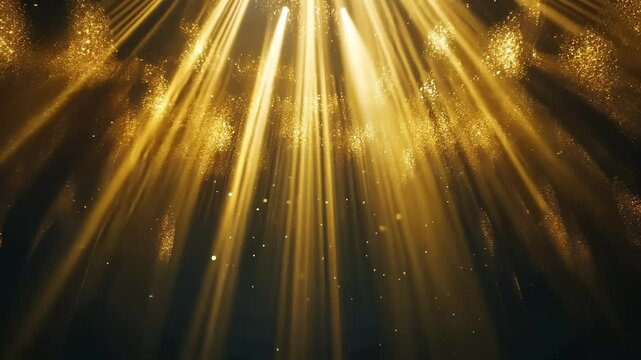 4K 3D award party stage golden stage glitter animation. Stars, lights and particles. Luxury gold light streak. Particle, luxury awards ceremony background, awards performance. 3D illustration
