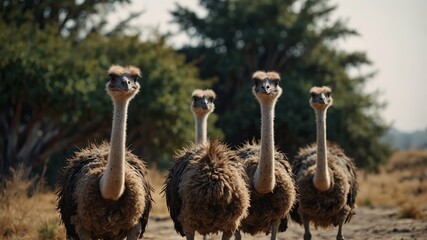 A group of ostriches standing in an open grassy field, symbolizing wildlife, social behavior, and the unique charm of these large birds.