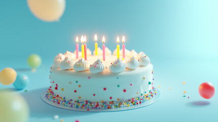 Yummy Birthday Cake with Candles on Light Blue Background Perfect for Party Celebration Photography