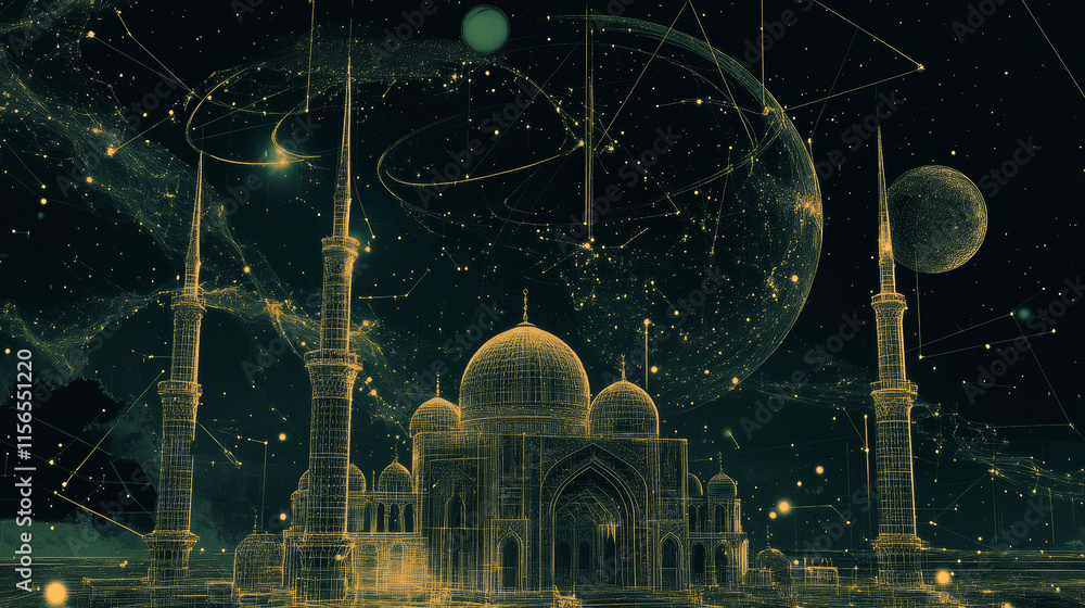 Poster abstract image of mosque and arabic moon in the form of a starry sky or space, consisting of points,