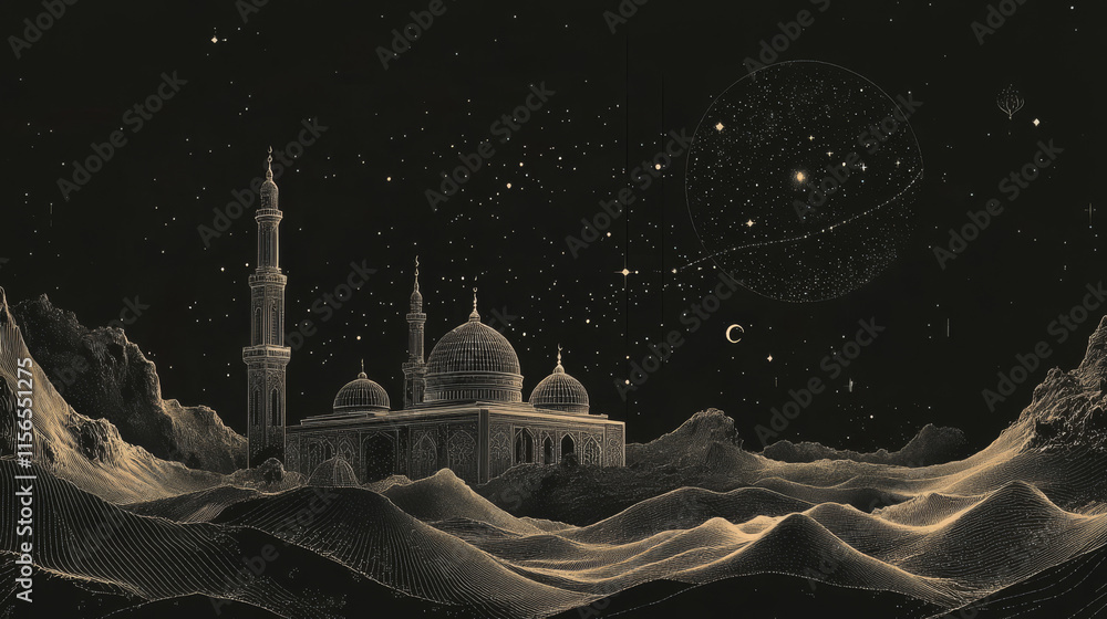 Poster abstract image of mosque and arabic moon in the form of a starry sky or space, consisting of points,