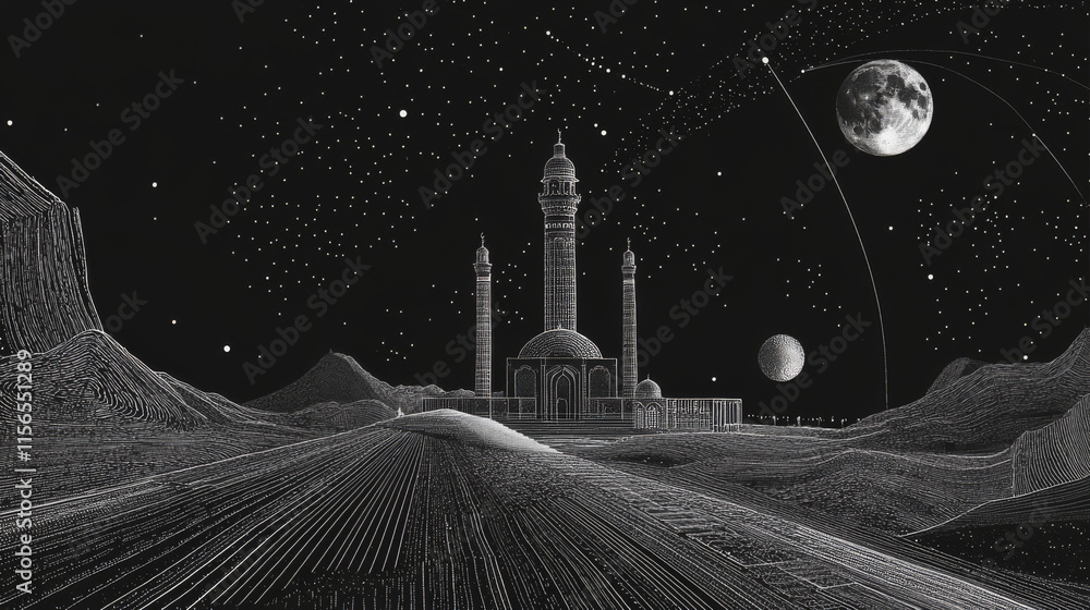 Poster abstract image of mosque and arabic moon in the form of a starry sky or space, consisting of points,