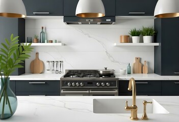 A modern kitchen with a marble countertop, black cabinets, and a range hood . The kitchen has a minimalist design with various utensils visible.
