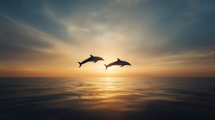 Naklejka premium Dolphins Jumping at Sunset Over Calm Ocean Waters