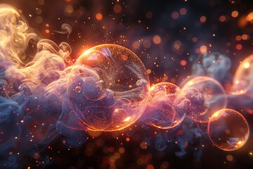 Obraz premium Abstract glowing bubbles with vibrant colors and ethereal smoke in a dreamlike scene.