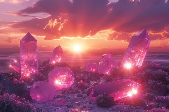 Beautiful pink crystals sparkling under a vibrant sunset sky.