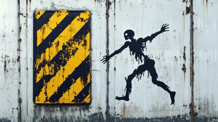 A bold and clear hazard warning depicting body crushing with a human figure caught between two vertical panels, placed on a high-contrast white background