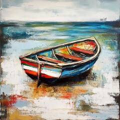Colorful Boat on the Beach: Serene Seascape Painting