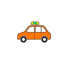 A taxi car icon with a small, boxy shape, a simple roof light, and bold lines, displayed on a white background