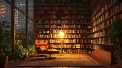 Cozy Reading Nook with Modern Armchair and Floor Lamp at Night
