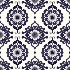 A decorative floral pattern featuring intricate designs in navy blue and cream colors.