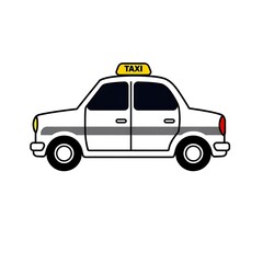 A taxi car icon with a small, boxy shape, a simple roof light, and bold lines, displayed on a white background