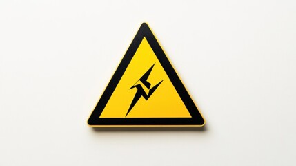 A sharp electrical hazard warning label with a bold black triangle containing a jagged lightning bolt, centered against a bright white background