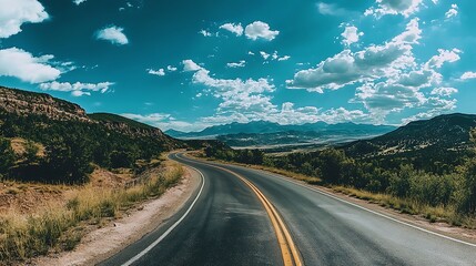 Stunning Wide Shot Photo: Winding Road Through Majestic Mountain Landscape on a Sunny Day. AI Generated