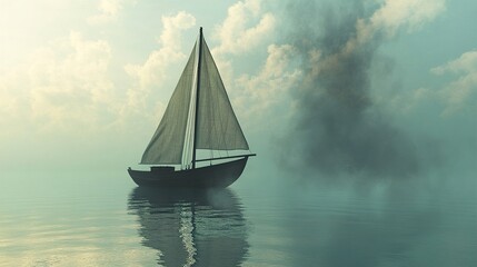 Solitude at Sea: A Sailboat in Misty Waters