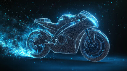 Motorcycle from of particles. The bike consists of dots and circles. Blue motorcycle on a dark background