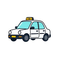A taxi car icon with a small, boxy shape, a simple roof light, and bold lines, displayed on a white background