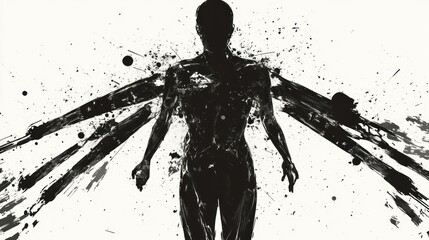 An abstract interpretation of body crushing hazard, showing a human silhouette compressed between mechanical arms, outlined in sharp black on white