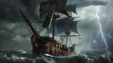 Animated pirate ship battling extreme weather on the high seas, showcasing turbulent waves and dark stormy skies