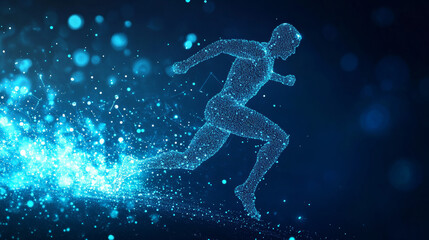 Obraz premium Run out of particles. The runner consists of dots and circles. Blue runner on a dark background