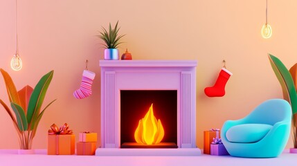 pastel Christmas celebration stockings concept. Cozy fireplace scene with colorful decorations, stockings, and a stylish chair for a warm atmosphere.