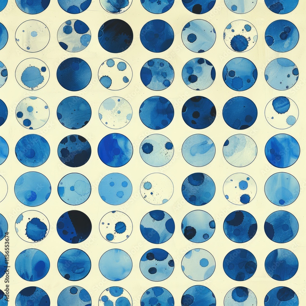 Poster A pattern of blue circular shapes on a light background, creating a visually appealing design.