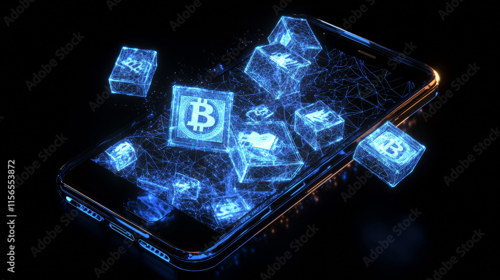 Poster abstract hand-holding phone with blockchain on an empty screen. digital linked blocks hologram on mo