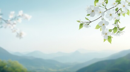 Naklejka premium Serene Blossom Branch Against a Mountain Landscape