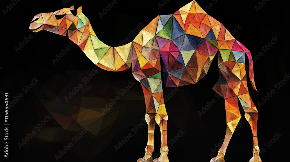Poster a camel made of particles on a dark background. a camel made out of geometric shapes. vector illustr