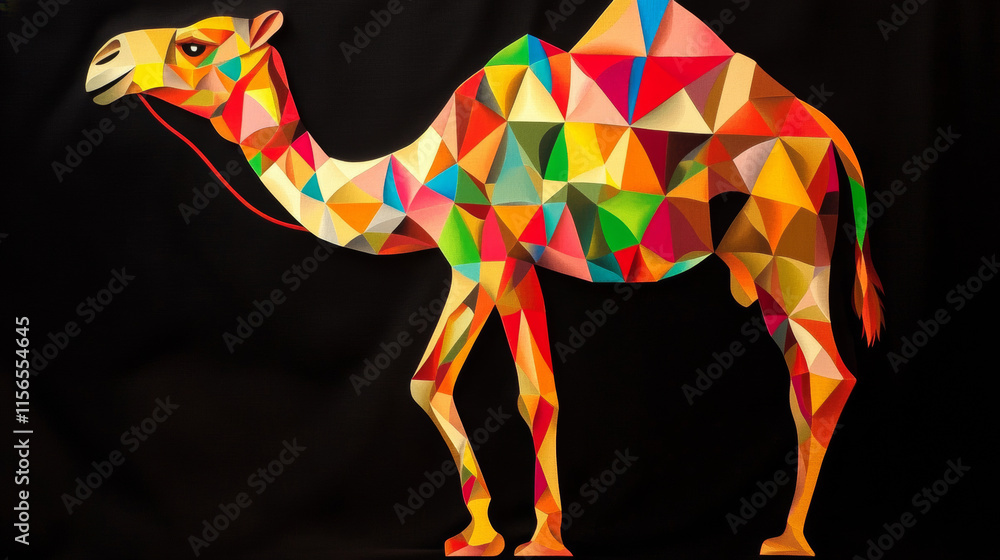 Poster a camel made of particles on a dark background. a camel made out of geometric shapes. vector illustr