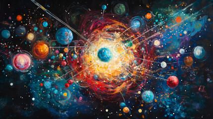 Physics of particles. Silhouette of an atom consists of small circles.