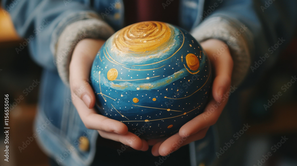 Poster abstract image of a holding global in hands in the form of a starry sky or space, consisting of poin