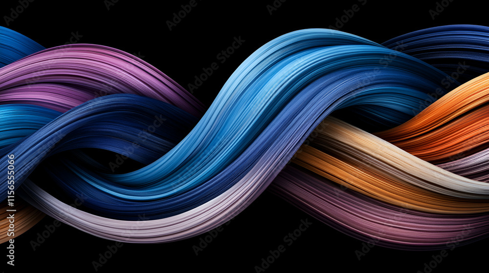 Poster abstract swirling hues, colorful threads intertwine elegantly in dynamic motion, creating a visually