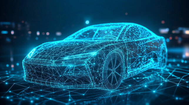 A hologram of an electric car. An electric car made of polygons, triangles of dots and lines. The electric vehicle has a low-poly connection structure. Technology concept vector.
