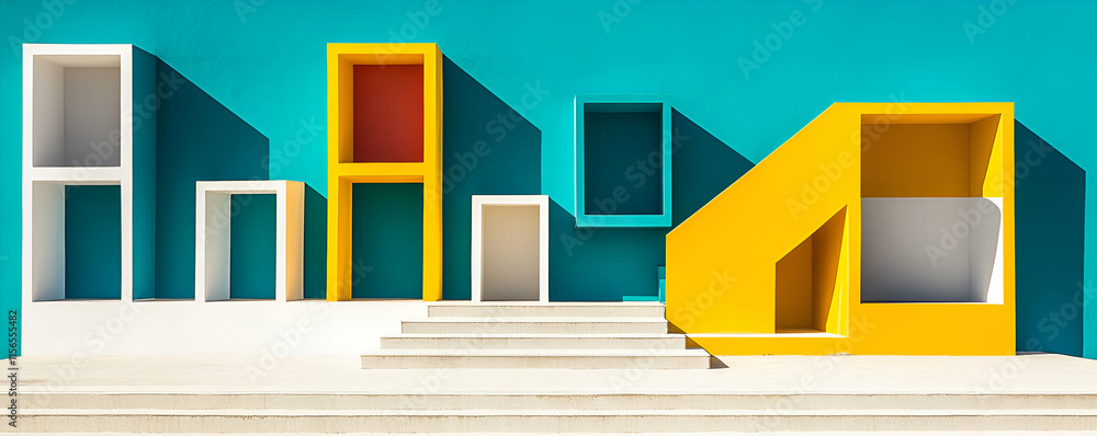 Poster abstract colorful architecture, geometric shapes create a modern stage with steps and recessed areas